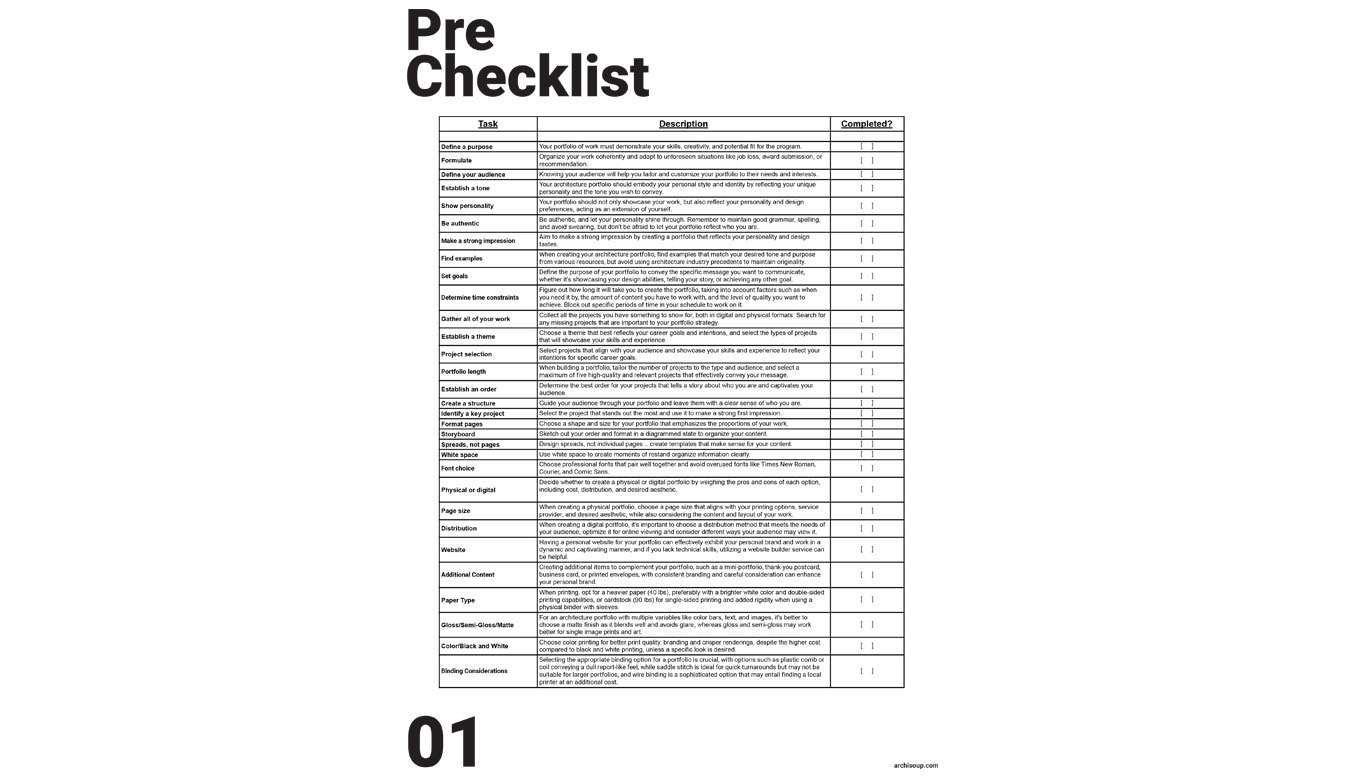 Architecture Portfolio Checklists